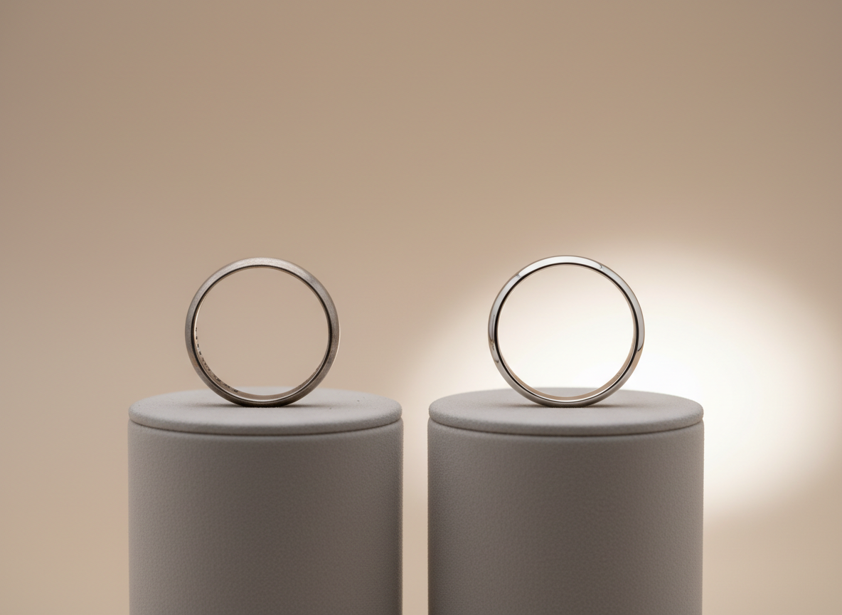 A side-by-side photographic comparison scene showing two nearly identical rings on separate small pedestals: on the left, a slightly dulled, tarnished silver ring with faint dark patches; on the right, a gleaming anti-tarnish silver ring with flawless sheen. Each ring rests on its own cylindrical plinth in matching soft grey, set against a neutral beige backdrop. A single, controlled studio light from the right accentuates the contrast, making the brilliance of the anti-tarnish ring stand out dramatically. The camera is positioned at a low, eye-level angle, framing both rings in a centered, balanced composition with shallow depth of field. The atmosphere is professional and informative, visually communicating durability and long-term clarity within a sophisticated, high-end aesthetic.