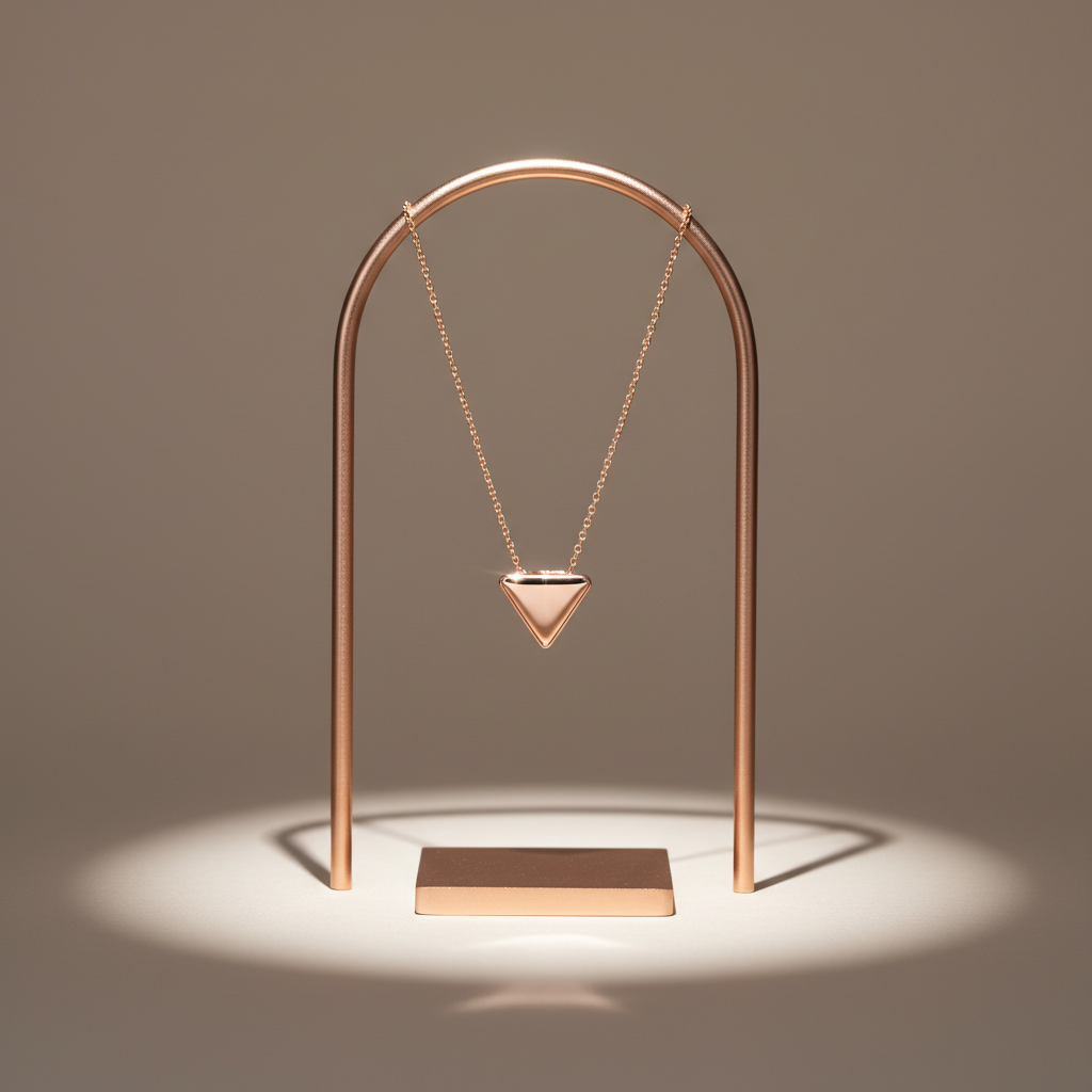 A minimalist scene showing an anti-tarnish pendant necklace hanging from a sleek, brushed metal display stand, set against a seamless soft taupe background. The pendant, a small geometric shape in high-polish rose gold, appears flawlessly reflective, with no cloudiness or wear, suggesting enduring radiance. A single, soft spotlight from above creates an elegant spotlight circle on the background and a gentle glow around the pendant, producing delicate highlights along its edges and a graceful shadow behind the stand. Photographed straight-on with a centered composition and moderate depth of field, the stand and necklace are in sharp focus while the backdrop remains silky smooth. The overall atmosphere is calm, refined, and aspirational, echoing the sophisticated identity of a high-end fashion jewellery house.