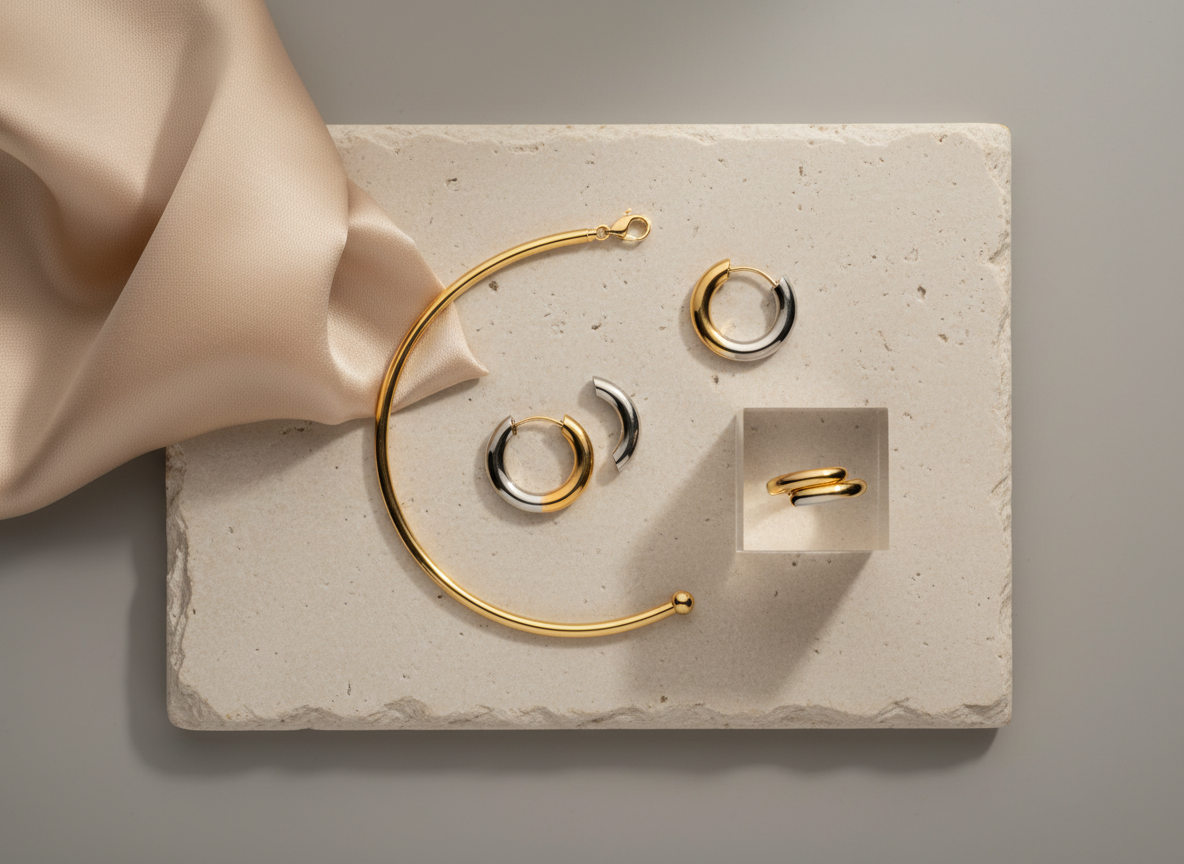 An elegant flat lay of an anti-tarnish jewellery collection arranged on a pale stone slab: a slim bracelet, minimalist hoop earrings, and a fine ring, all in mixed tones of polished gold and cool rhodium. Each piece appears pristine and untarnished, surfaces mirror-smooth with sharp reflections. Around them, subtle props like a folded silk swatch in champagne and a small clear acrylic block add height and structure without distraction. Soft, diffused studio lighting from the top creates gentle, even illumination with almost no harsh shadows. The background is a seamless warm grey, neutral and refined. Captured from a perfectly overhead, bird’s-eye perspective, the composition feels curated and orderly, mirroring a premium online store product filtering layout in a clean, modern photographic style.