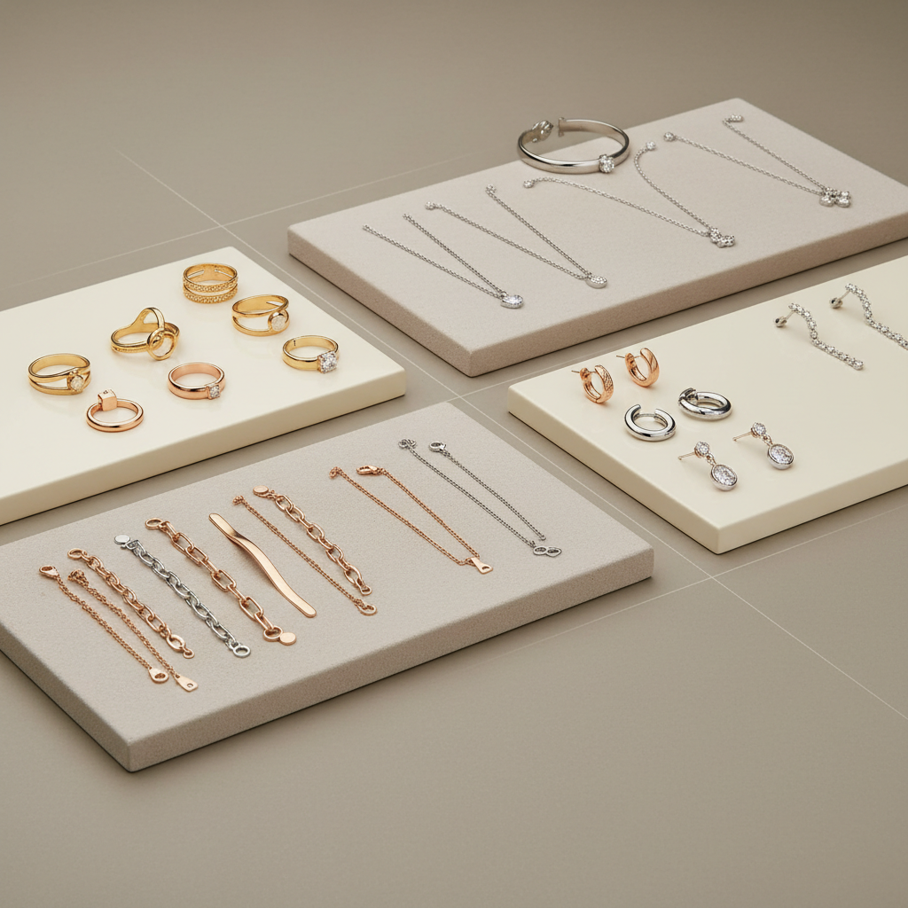 A curated display of anti-tarnish jewellery pieces organized as if for an online filtering menu: distinct zones on a seamless warm-grey tabletop show neatly grouped rings, bracelets, necklaces, and earrings, each cluster arranged on separate low, rectangular platforms in ivory and soft stone. Metals range from lustrous yellow gold to cool platinum tones, all immaculate and untarnished. Overhead studio lighting is evenly diffused, producing clear, crisp visibility of shapes and finishes while maintaining gentle, refined shadows. Captured from a slightly elevated three-quarter angle, the frame suggests a premium digital interface translated into the physical world, with invisible lines of structure guiding the eye. The mood is orderly, modern, and sophisticated, ideal for communicating intuitive product filtering in a luxury jewellery context.
